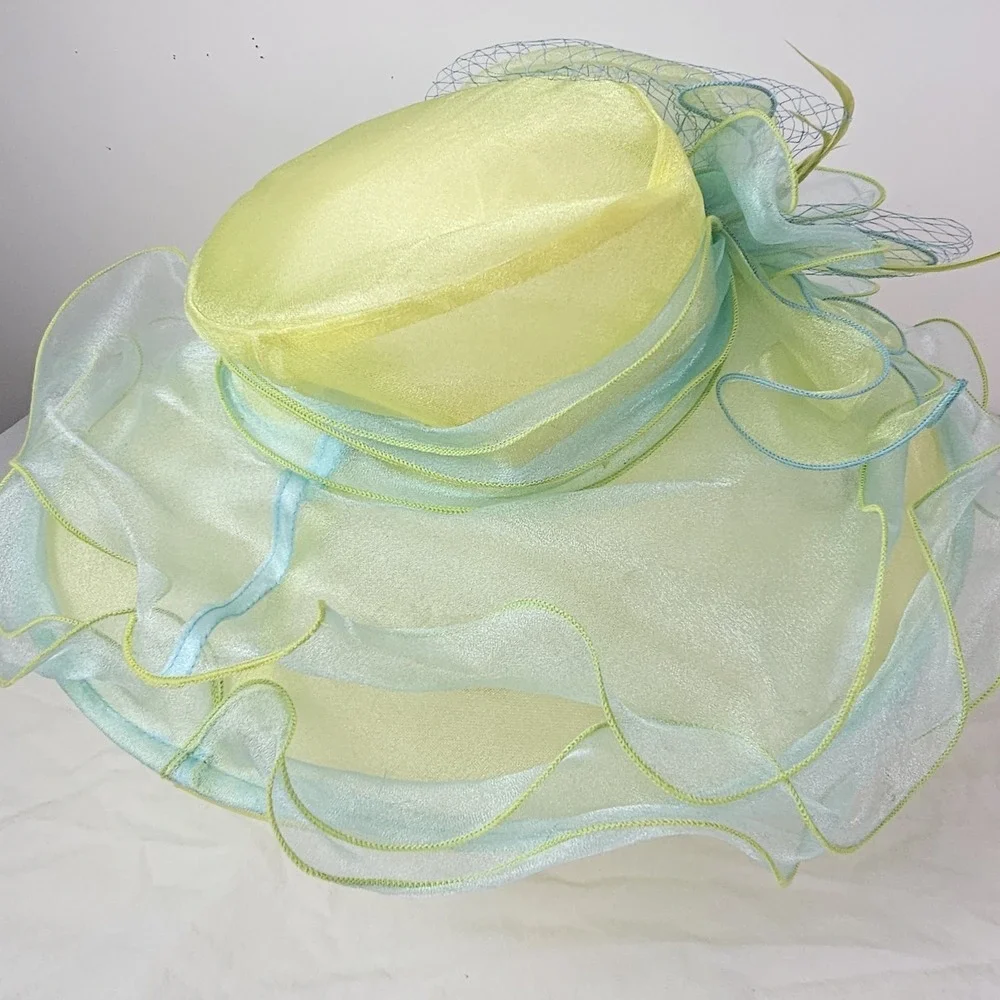 Forbusite Hat Womens Yellow Green Derby Church Easter Wide Brim Tea Garden Party